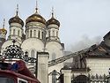 A shell hits the refectory near cathedral during bombardment of Horlivka