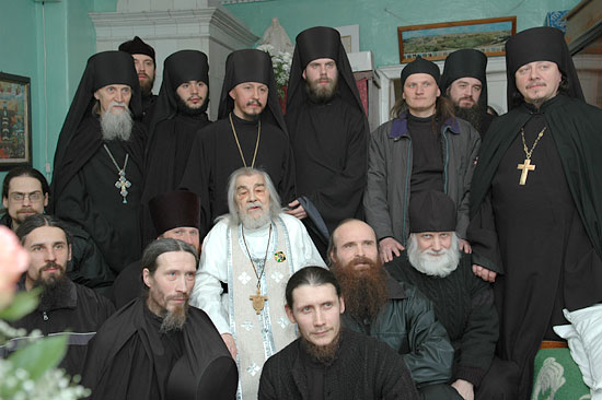 Fr. John on his 95th birthday with brothers of the Pskov-Caves Monastery, 2005.