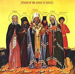 Икона Собор американских святых св прп Герман свт Иоанн Максимович свт Иннокентий св прп Ювеналий святитель Тихон св Петр Алеут 