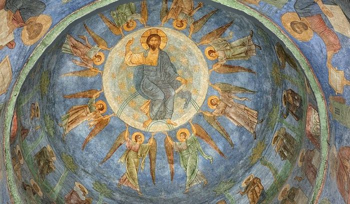 Вознесение Господне. Середина XI в. Фреска Спасо-Преображенского собора Мирожского монастыря в Пскове