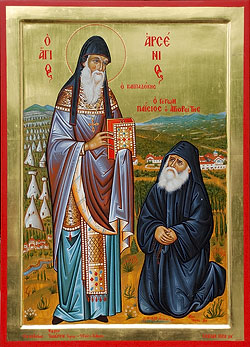 Икона прп. Арсения Каппадокийского с находящимся у его ног старцем Паисием Святогорцем
