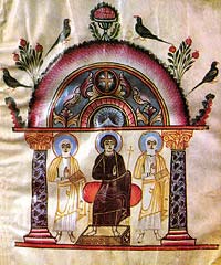 Христос с апостолами. Миниатюра Эчмиадзинского Евангелия. 989 г. Ереван, Матенадаран.