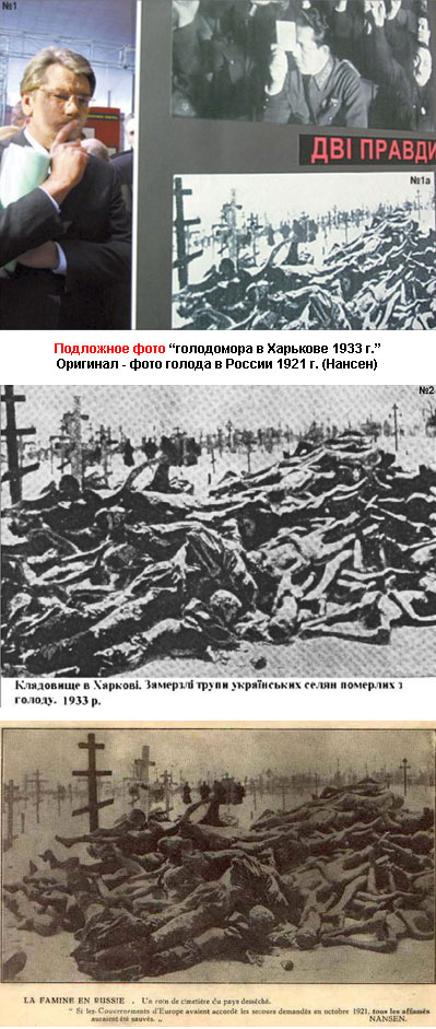 Ющенко рассматривает подложную фотографию «замерзших украинских селян 1933 г.». На самом деле это фотография, сделанная Нансеном В РОССИИ в 1921 г.