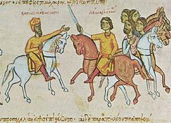 Василий I (слева) и его сын Лев VI Мудрый. Миниатюра из хроники Иоанна Скилицы