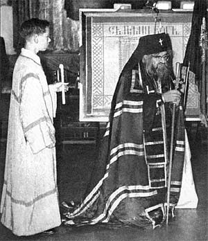 St. John of Shanghai and San Francisco giving a sermon. Pavel Lukianov, the author, is the acolyte.