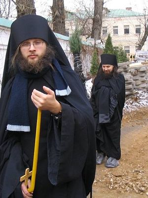 After taking monastic vows. Monk Nicholas in the background; Monk (now Hierodeacon) Seraphim in the foreground