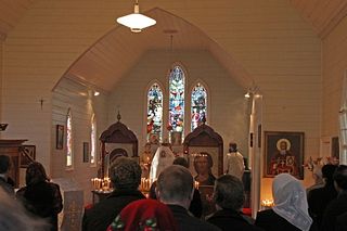 Interior of the Warnambool ROCOR Parish- note the stain glass windows which have inscriptions dedicated to the 'founders of this Holy Temple'.