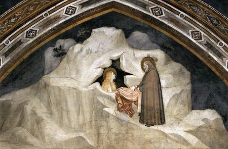 Giotto. Scene from the life of St. Mary Magdalene. Mary Magdalene recieves the garment of Zosima (sic). Source: wga.hu