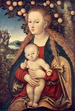 Дева с Младенцем на фоне яблони