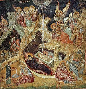 Рождество Христово. Фреска в церкви св. Апостолов в Пече, Сербия. Третья четверть 14 века.