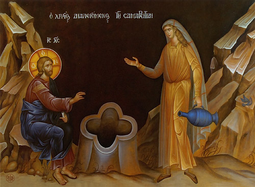 Христос и самарянка. Фреска женского исихастирия св. Иоанна Богослова в Суроти, Греция