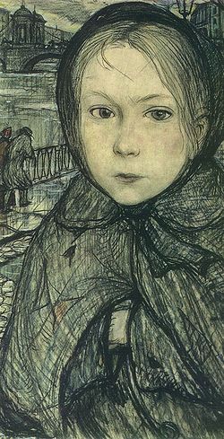 Загрузить увеличенное изображение. 384 x 739 px. Размер файла 132577 b.
 И.Глазунов. Неточка Незванова. 1970. Иллюстрация к повести Ф.М.Достоевского «Неточка Незванова». Бумага, соус, пастель. Третьяковская галерея, Москва