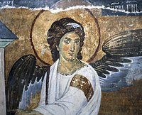 The "White Angel," a detail from a fresco in the Mileseva Monastery. Serbia.