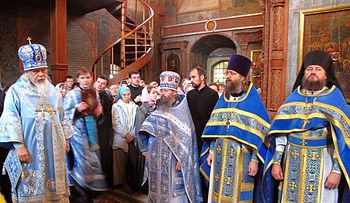 From left: Bishop Panteleimon, Archimandrite Zaccheus, Archpriest Peter Perekrestov, Hieromonk Joasaph (of the Pskov-Caves Monastery).