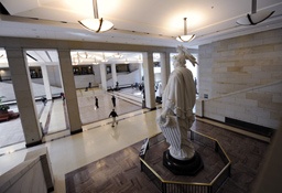 Photo: AP Images / Susan Walsh. A plaster model of the Statue of Freedom, which was used to cast the Statue of Freedom atop the Capitol Dome, is the centerpiece in Emancipation Hall in the Capitol Visitor Center on Capitol Hill in Washington.