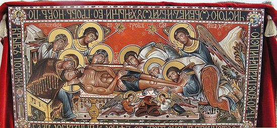 Загрузить увеличенное изображение. 800 x 370 px. Размер файла 166136 b.
 Андрей Давыдов, священник. Плащаница пасхальная – погребение Христа. Энкаустика, шитье