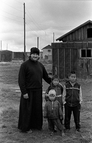 Fr. Leonid with children in Lavrentiya, Chukotka, Russia.