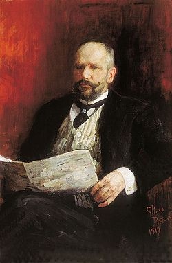 Загрузить увеличенное изображение. 391 x 599 px. Размер файла 51203 b.
 A portrait of Stolypin by Ilya Repin. 1919.