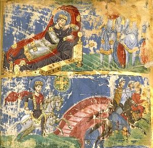 Сон Константина и Победа Константина над Максенцием у Мульвиева моста в Риме 26 октября 312 года. Византийская миниатюра. IX век