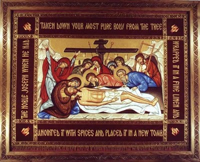 The epitaphios ("winding sheet"), depicting the preparation of the body of Jesus for burial.