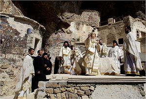 Загрузить увеличенное изображение. 650 x 442 px. Размер файла 130519 b.
 Patriarch Bartholomew I, center, the spiritual leader of the world's Orthodox Christians, conducted a service at the Sumela Monastery in Trabzon, northeastern Turkey, in 2010.
