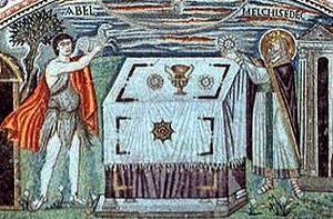 Sacrifice of Able and Melchisedek. Mosaic from San Vitale in Ravenna.