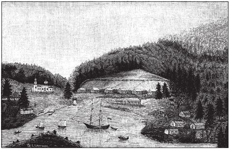 Kodiak harbor as it looked during St. Herman’s time. The Resurrection Church is at left.