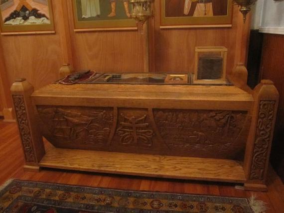The reliquary of St. Herman of Alaska, located in the Church of the Holy Resurrection in Kodiak, Alaska.