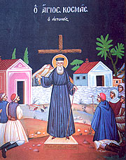 Depiction of St. Cosmas preaching in front of the cross.