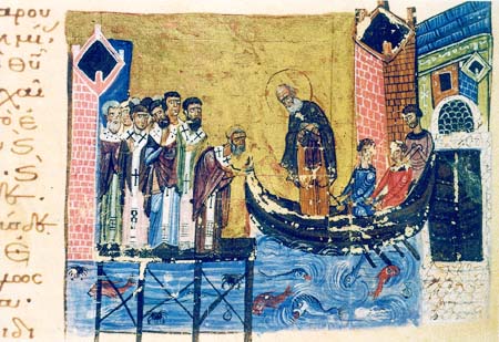 Святитель Григорий Богослов покидает Константинополь. Миниатюра из рукописи XI века