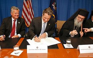 Governor Cuomo signs an agreement with the Port Authority and the Greek Orthodox Archdiocese to rebuild St. Nicholas Greek Orthodox Church that was destroyed in the terrorist attacks of September 11, 2001.