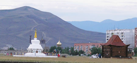 A Buddhist shrine, Orthodox Church, and shaman's cabin, all within walking distance of each other in Kyzyl, Tuva Republic.