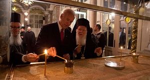 Vice President Joe Biden lights a candle with His All Holiness Ecumenical Patriarch Bartholomew at the Church of St. George at the Ecumenical Patriarchate in Istanbul, Turkey; December 3, 2011. (Official White House Photo by David Lienemann)