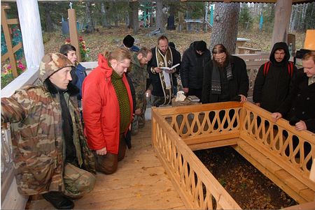 Sretensky Monastery clergy and seminarians from the Sretensky seminary pray with local people at the site of St. Cyril's relics.