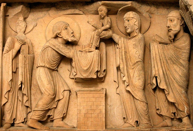 Meeting of the Lord, 7th c. Detail of the timpana of the Western façade, 	La Charité-sur-Loire, Burgundy, France