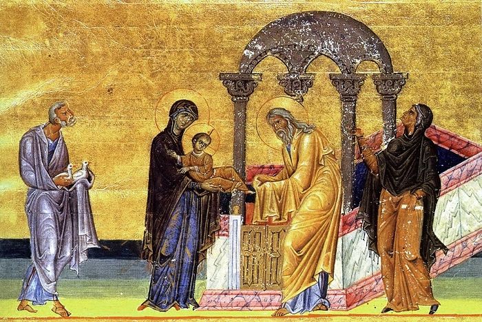 The Meeting of the Lord. Miniature from the Menalogion of Basil II, early 11th c., Vatican library (Vat. gr. 1613)