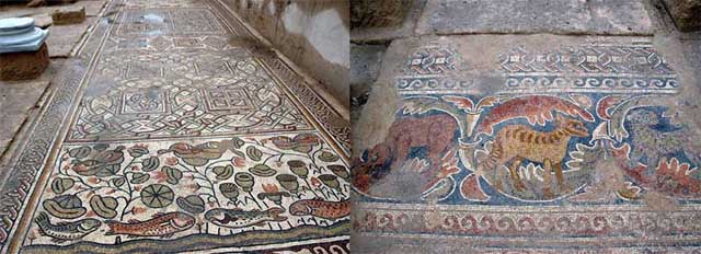 Mosaic pavement in the southwestern aisle (left) and mosaic in the nave (A. Ganor et al / the Israel Antiquities Authority) 