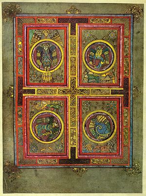 The Book of Kells. Depiction of the Four Evangelists: man, lion, calf, and eagle.