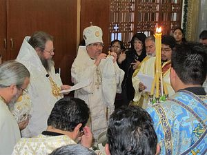 Bishop Alejo blesses faithful during January 2012 anniversary celebration.
