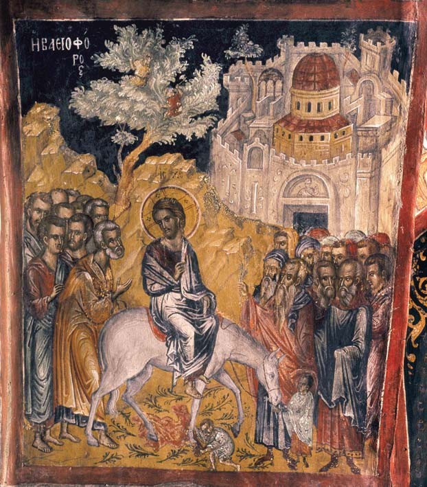 The Entry of the Lord into Jerusalem. Fresco by St. Theophan of Crete. Meteora, Church of St. Nicholas.