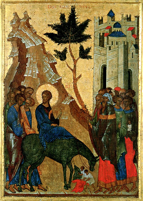 The Entry of the Lord into Jerusalem.1497. St. Cyril of White Lake Monastery.. Icon from the festal row on the iconostasis of the Dormition Cathedral, St. Cyril of White Lake Monastery.
