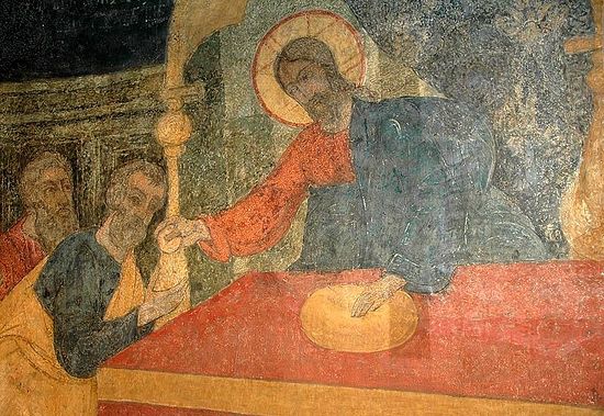 The Apostles receiving Communion. Fresco in the Cathedral of the Vladimir Icon of the Mother of God, Sretensky Monastery, Moscow. 