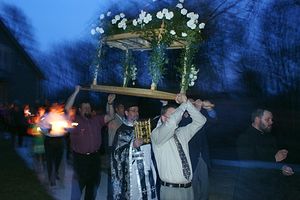 Procession around the church with the winding sheet (epitaphion) at the Holy Saturday Matins service. Photo: St. Mary Magdalene Church, Fenton, MI