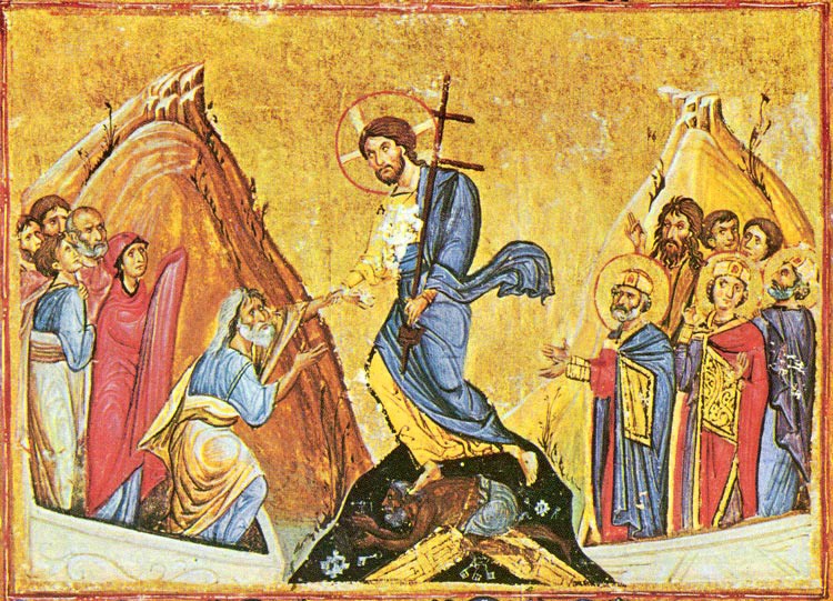 Christ's descent into hell. Byzantine miniature. Dionysiou Monastery, Mt. Athos. 