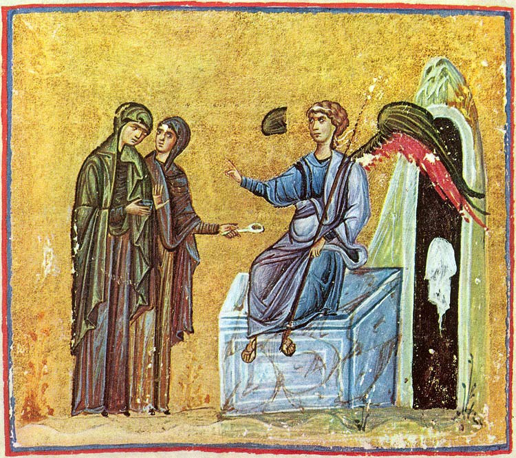 The myrrh-bearing women and angel on the tomb.  Byzantine miniature.