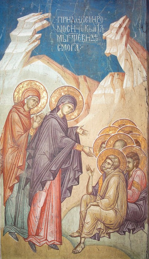 The myrrh-bearing women tell the apostles about Christ's Resurrection. Fresco in Vysoki Decani Monastery, Serbia. 14th c.