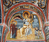 Жены-мироносицы и ангел на гробе. Фреска пещерной церкви в Каппадокии. XI в.