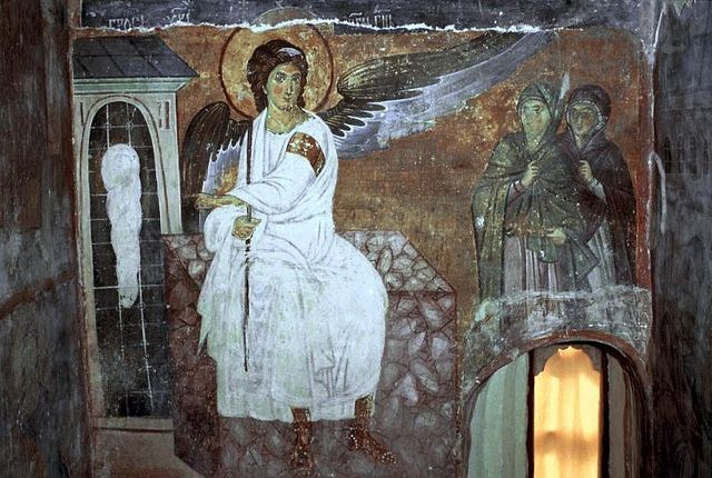The White Angel by the tomb. 8th century fresco, Serbia.