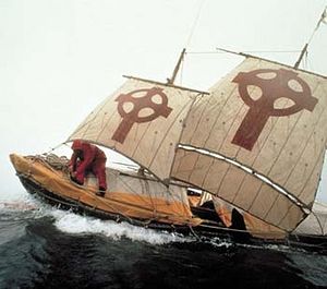 A reproduction of a coracle, the type of boat used by St. Brendon to sail the seas.