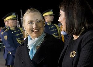 Clinton was welcomed at Pristina airport on Tuesday by Kosovo President Atifete Jahjaga, ahead of the formal talks beginning early Wednesday.